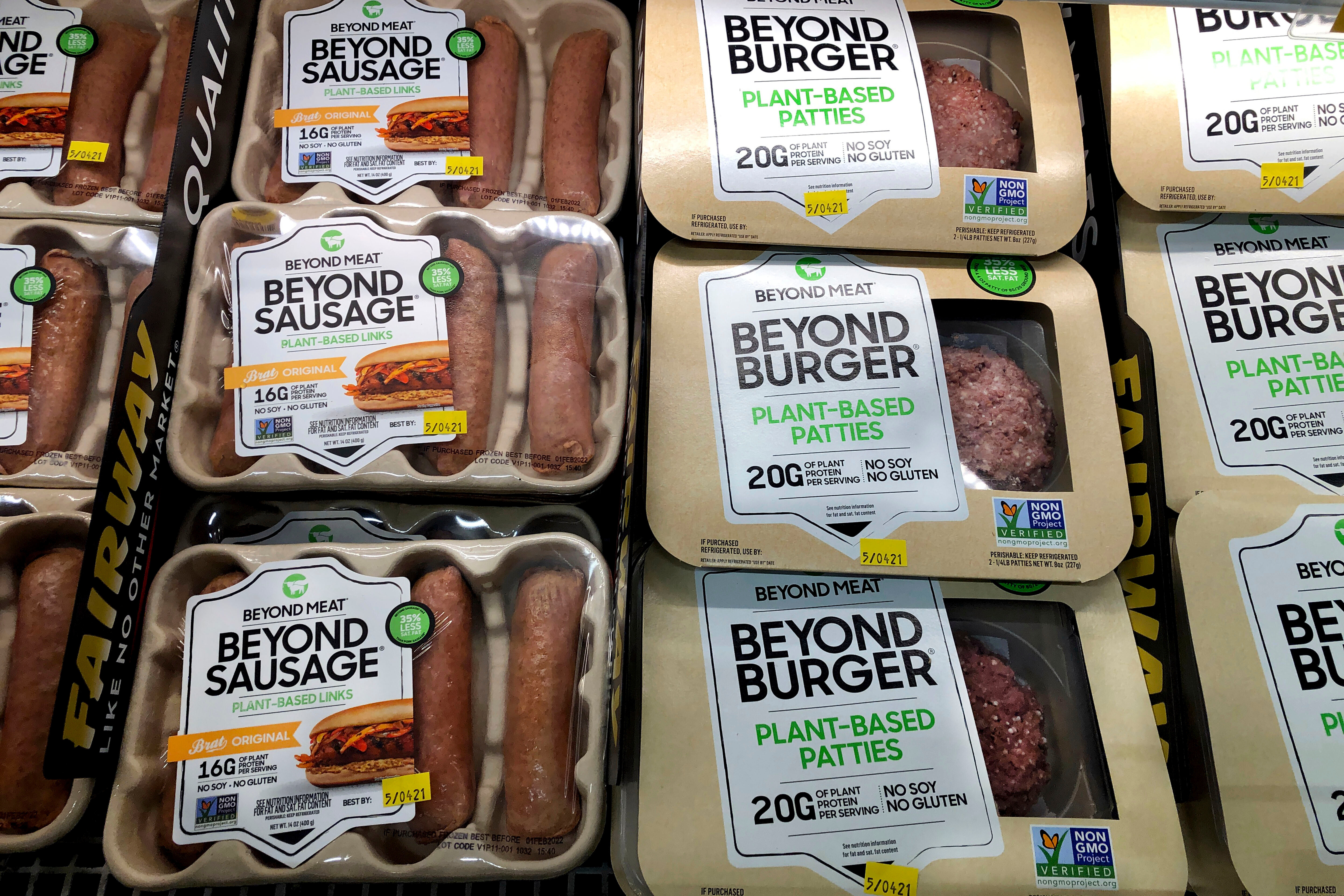 Packages of Beyond Meat's Beyond Burgers and Beyond Sausage, are shown in this photo, in New York, April 29, 2021.