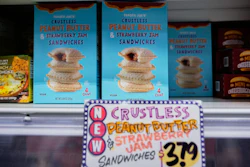 Crust-less sandwiches are displayed on shelf at a Trader Joe's grocery story in Royal Oak, Mich., Wednesday, Oct. 15, 2025.