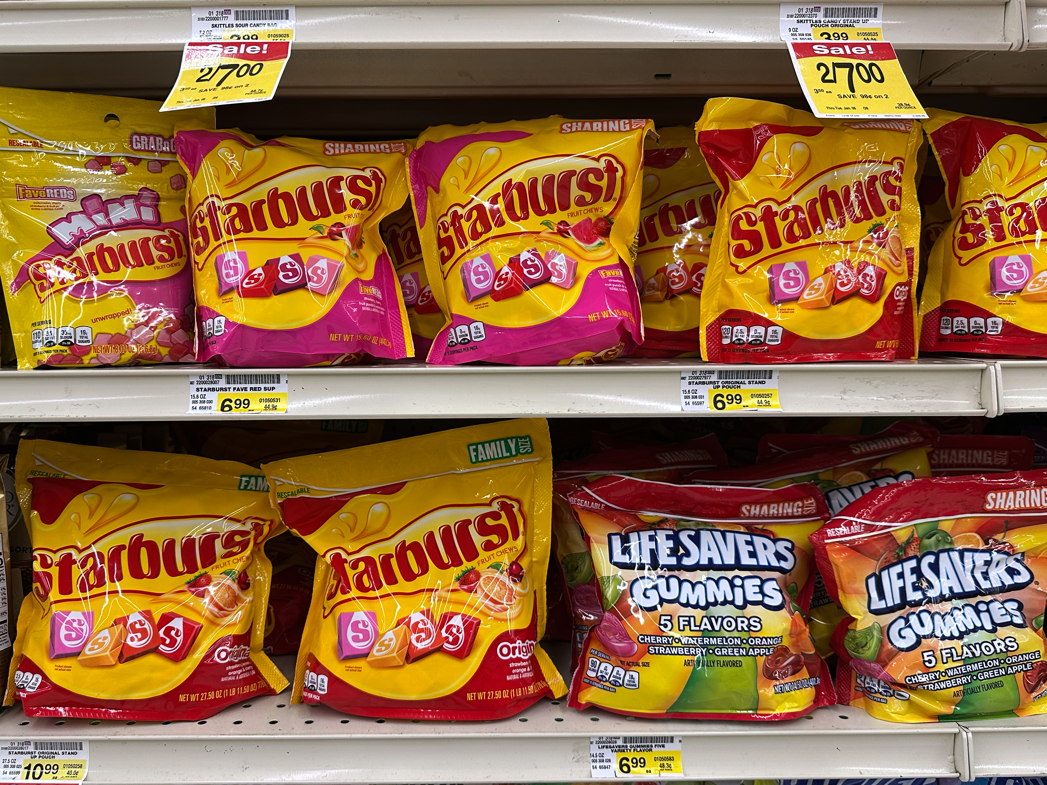 Starburst candy are displayed on a shelve at a grocery store in Mount Prospect, Ill., Monday, Oct. 20, 2025.