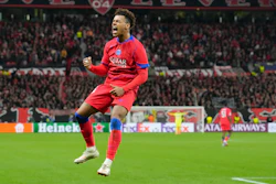 PSG's Desire Doue celebrates after scoring his side's second goal during a Champions League match between Bayer Leverkusen and Paris Saint-Germain, Leverkusen, Germany, Oct. 21, 2025.