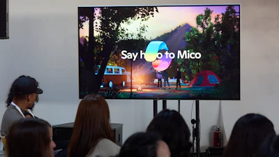 A video animation shows a Copilot Appearance avatar called Mico, floating around an abstract environment during a presentation at Microsoft's Fall 2025 Copilot Sessions event on Wednesday, Oct. 22, 2025, in Los Angeles.