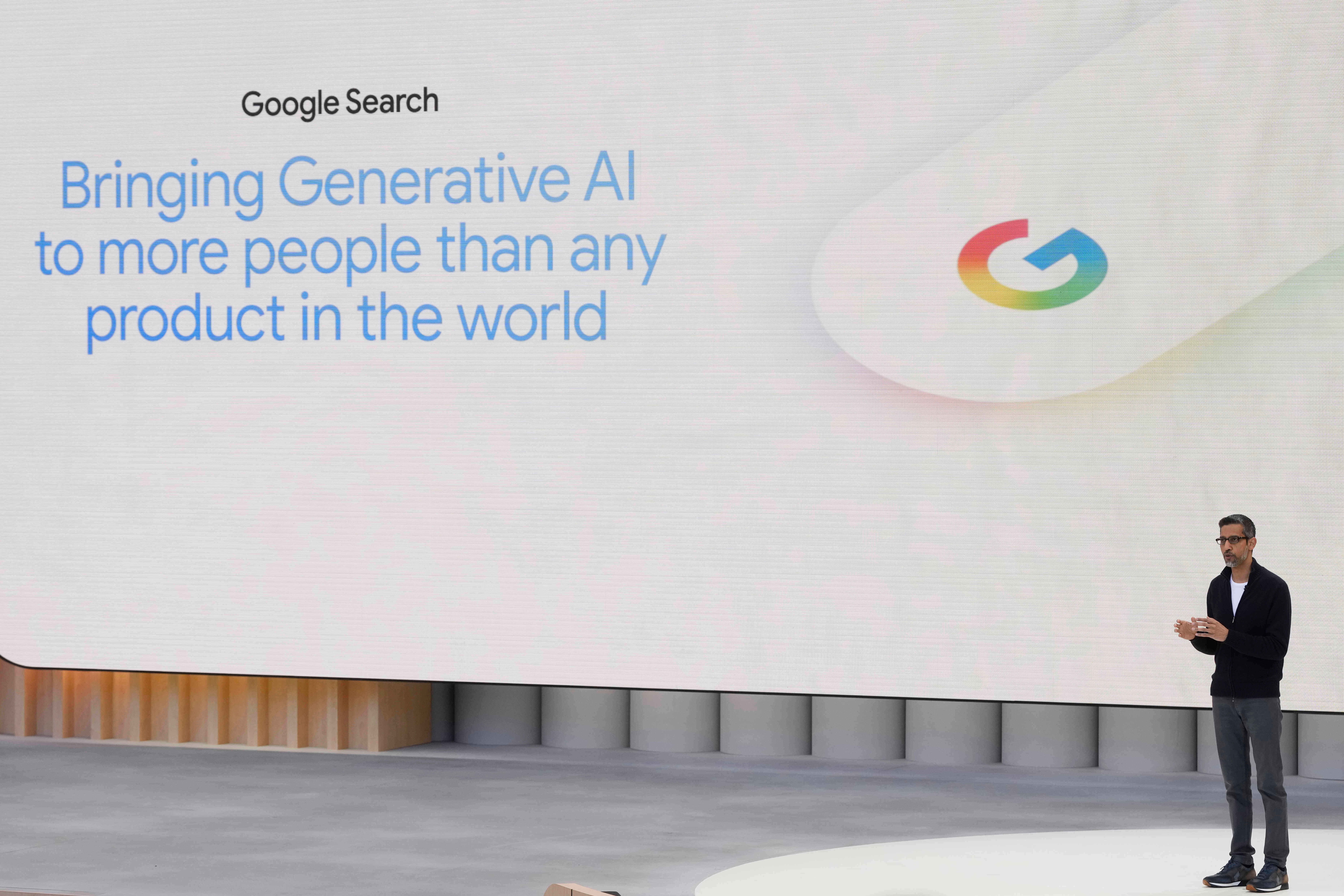 Alphabet CEO Sundar Pichai speak at a Google I/O event in Mountain View, Calif., Tuesday, May 20, 2025.