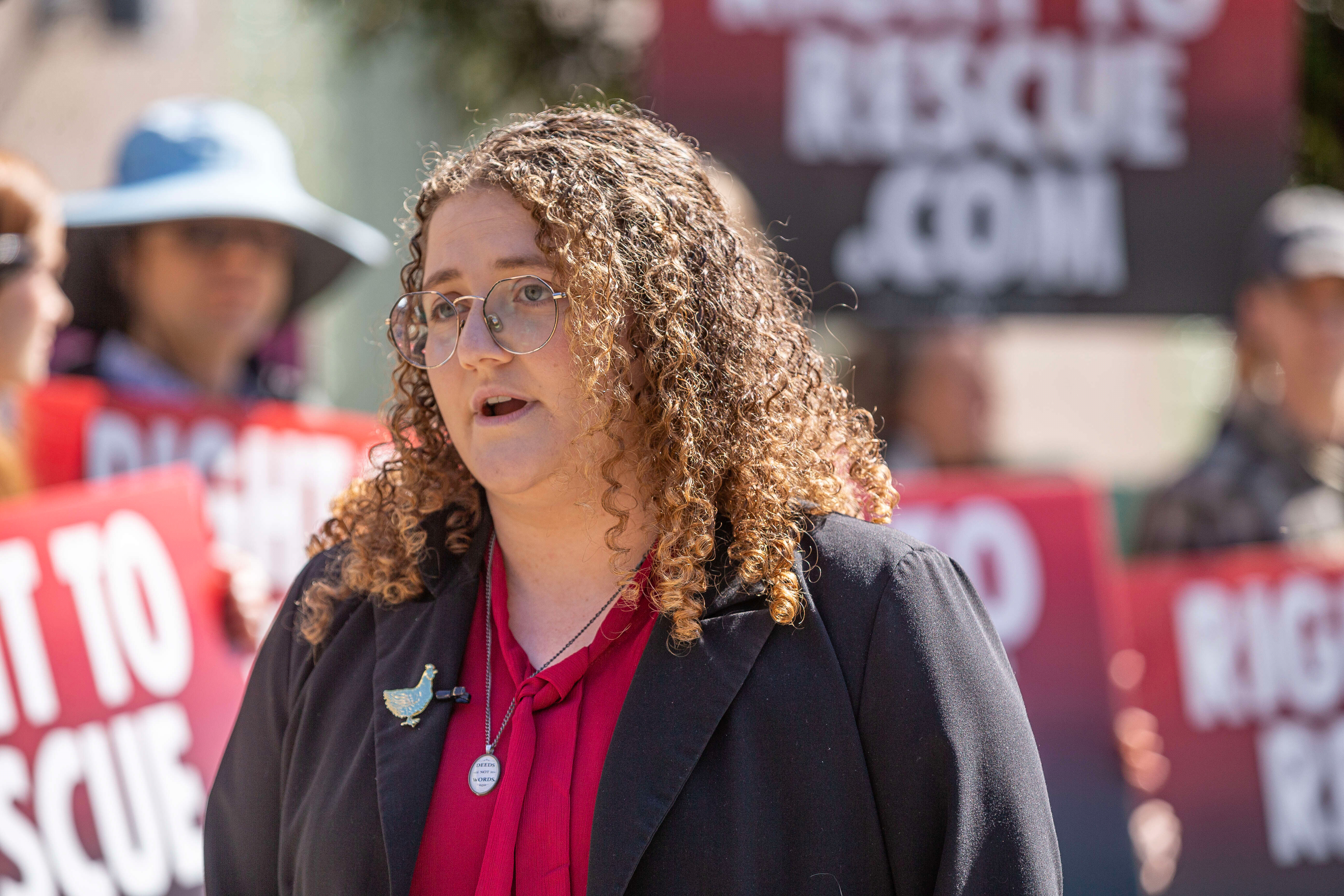 Animal rights activist Zoe Rosenberg talks to reporters outside the Sonoma County Superior Courthouse before her preliminary hearing May 3, 2024, in Santa Rosa, Calif.