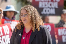 Animal rights activist Zoe Rosenberg talks to reporters outside the Sonoma County Superior Courthouse before her preliminary hearing May 3, 2024, in Santa Rosa, Calif.