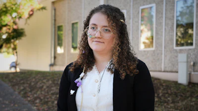 Animal rights activist Zoe Rosenberg, who is on trial for taking four chickens from one of Perdue Farms' major poultry plants, is pictured outside Sonoma County Superior Court in Santa Rosa, Calif. on Tuesday, Oct. 28, 2025.