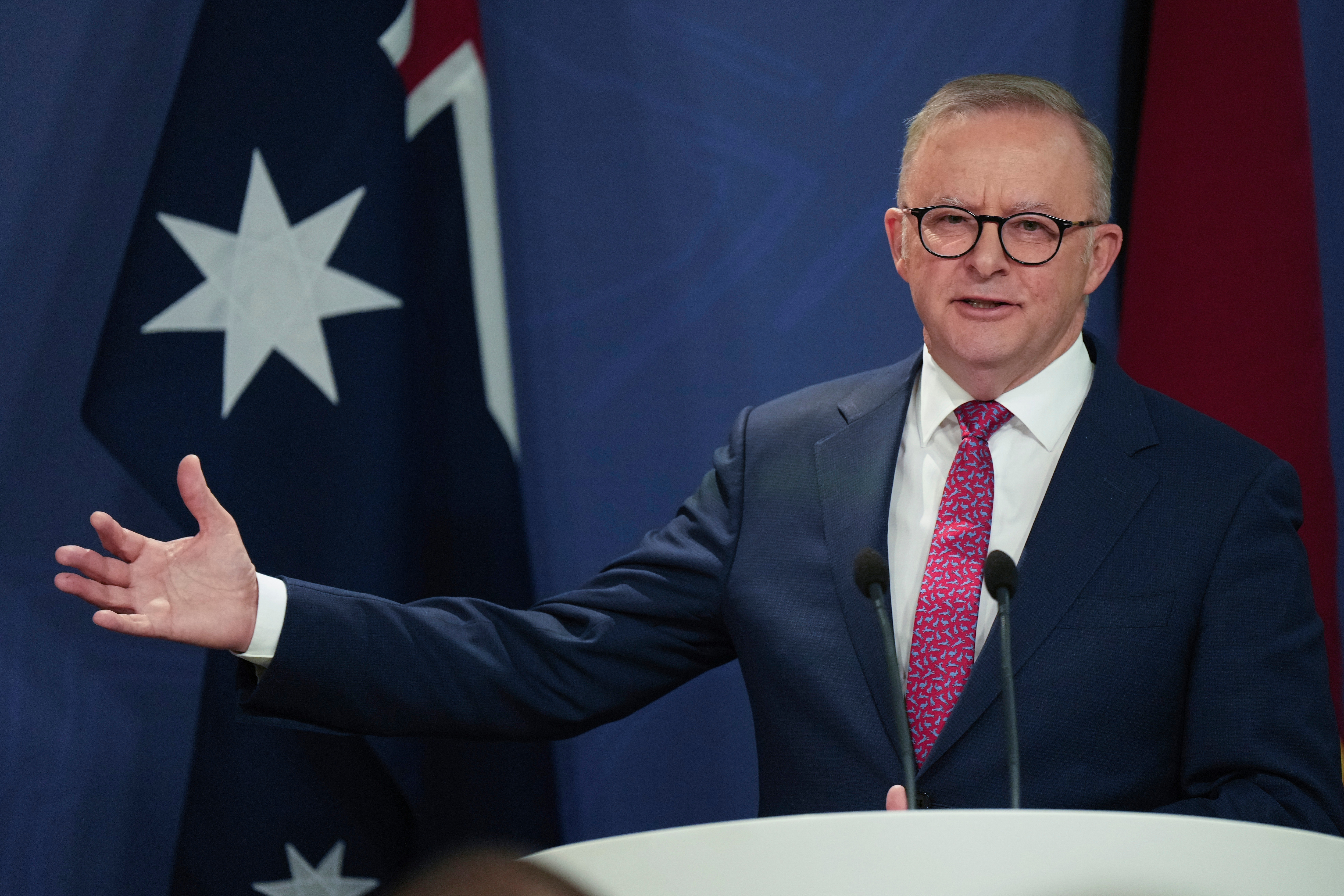 Australian Prime Minister Anthony Albanese gestures during a press conference in Sydney, Australia, Dec. 12, 2024.