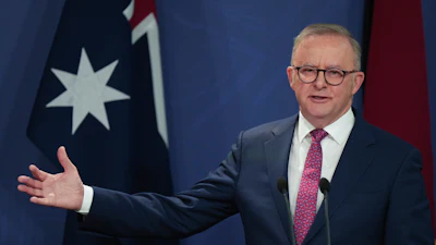 Australian Prime Minister Anthony Albanese gestures during a press conference in Sydney, Australia, Dec. 12, 2024.