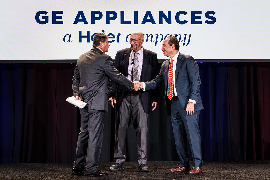 Bill Good, GE Appliances VP of Supply Chain (left); Harry Moser, Reshoring Initiative President (center); Drew Greenblatt, Owner and President; Marlin Steel Wire Products (right).