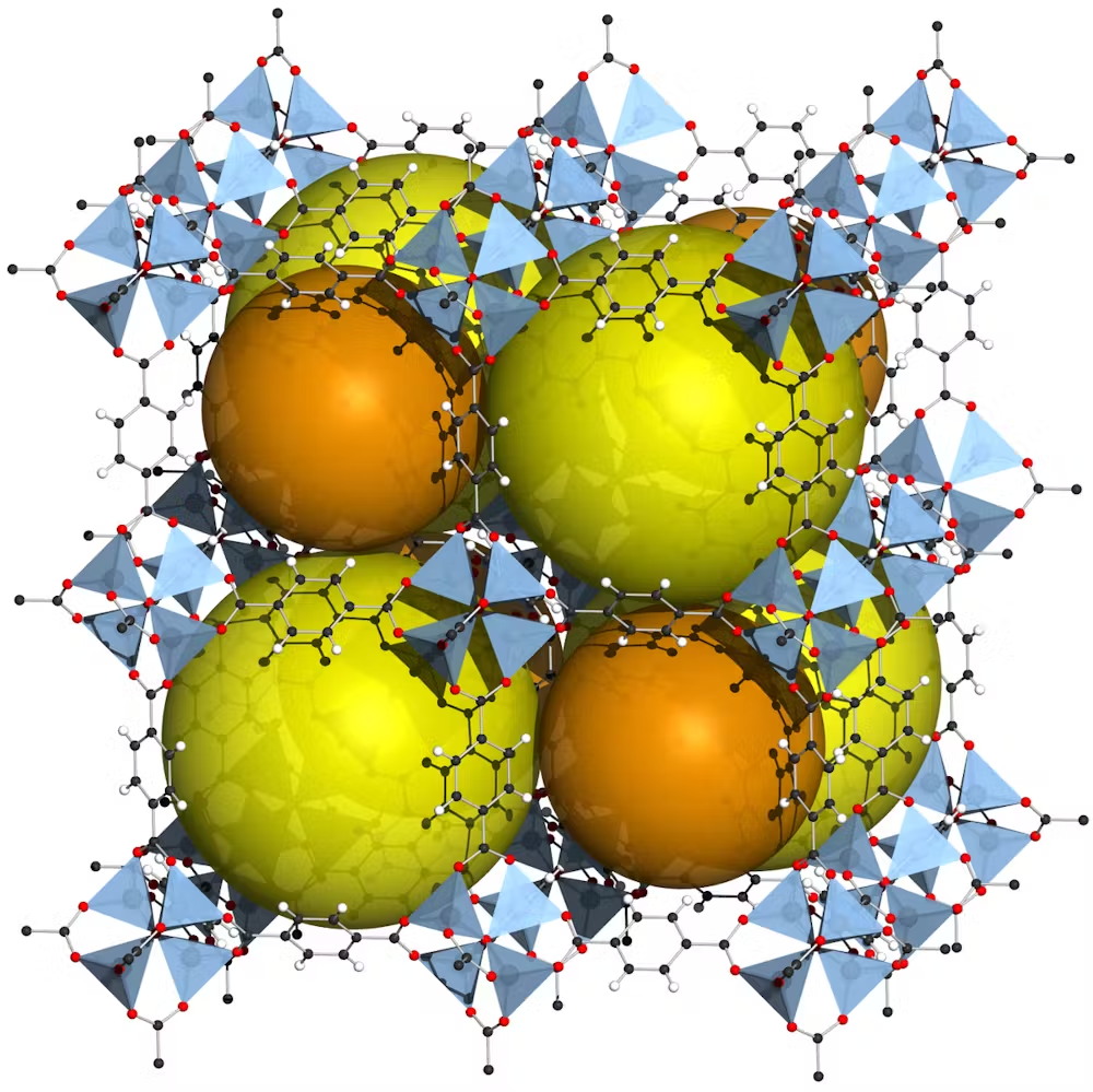 Metal-organic frameworks, like MOF-5 shown here, have metal components, organic &lsquo;linkers&rsquo; and a cavity which can allow in gases.