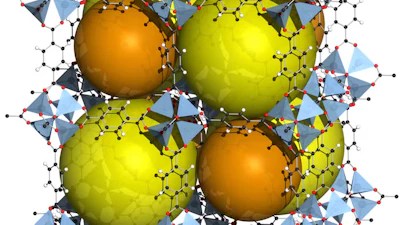 Metal-organic frameworks, like MOF-5 shown here, have metal components, organic ‘linkers’ and a cavity which can allow in gases.