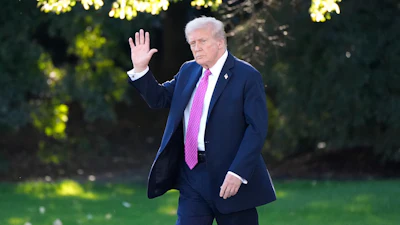 President Donald Trump waves as he walks to board Marine One before departing from the South Lawn of the White House, Friday, Oct. 17, 2025, in Washington.
