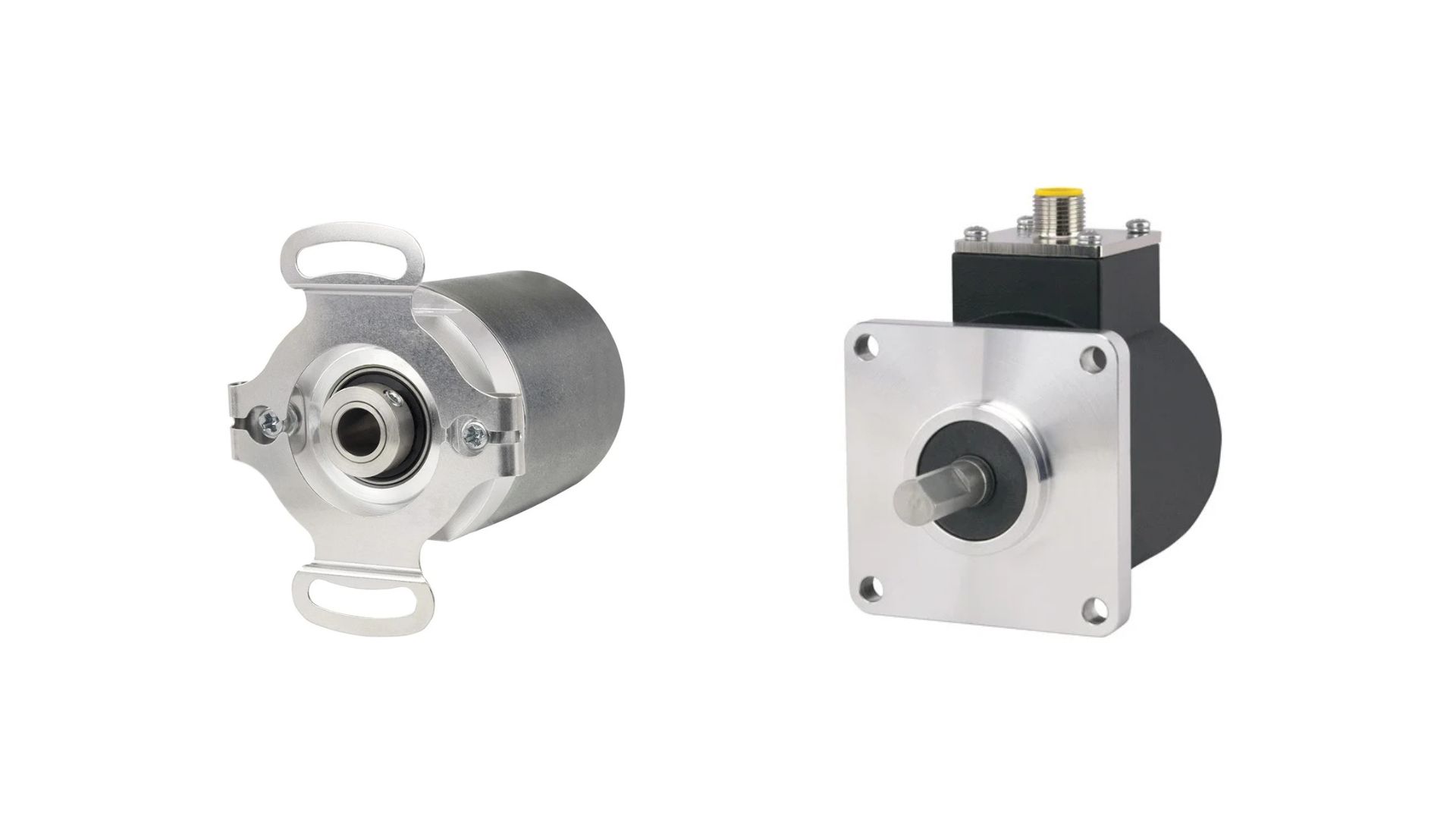Two industrial rotary encoders with metallic and black housing