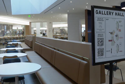 This image taken from video shows the Gallery Hall food area in Ford Motor Co.'s new headquarters building, Monday, Nov. 10, 2025, in Dearborn, Mich.