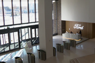 This image taken from video shows a lobby in Ford Motor Co.'s new headquarters building, Monday, Nov. 10, 2025, in Dearborn, Mich.