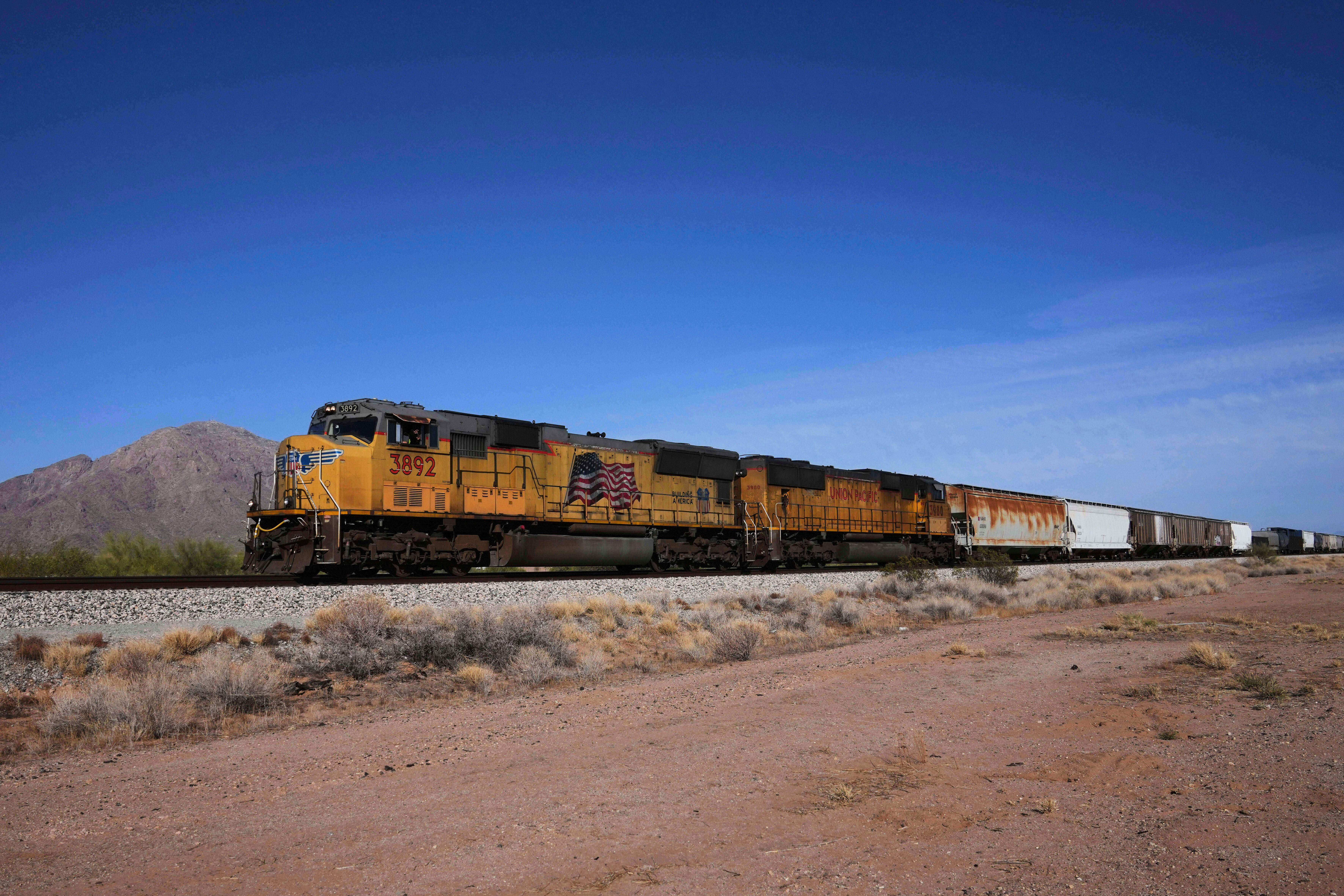 A Union Pacific freight train in Eloy, Ariz., April 17, 2025.