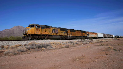 A Union Pacific freight train in Eloy, Ariz., April 17, 2025.