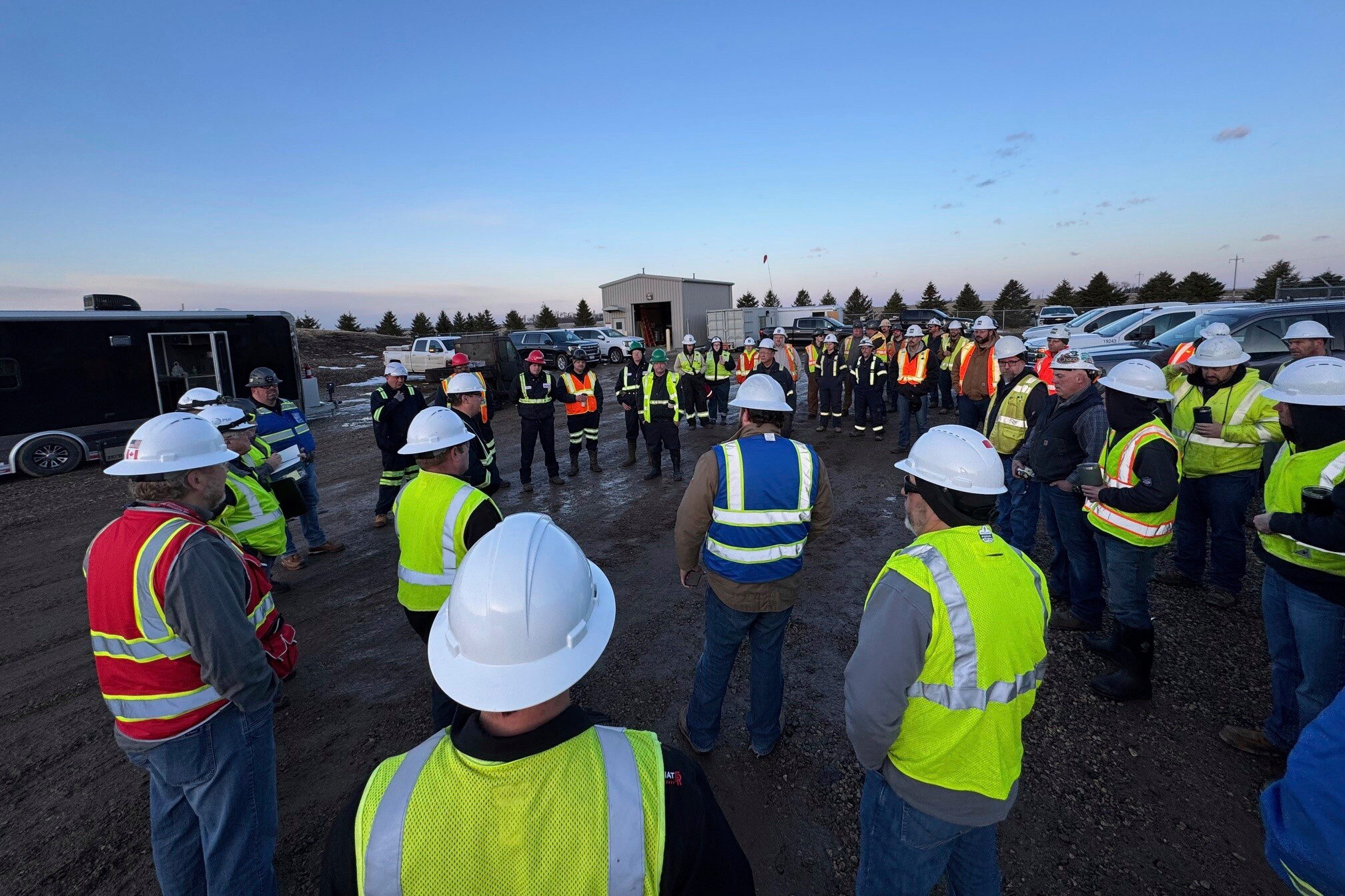 This photo provided by South Bow shows workers gathered to respond to the Keystone oil pipeline spill that occurred Tuesday, April 8, 2025. near Fort Ransom, N.D.