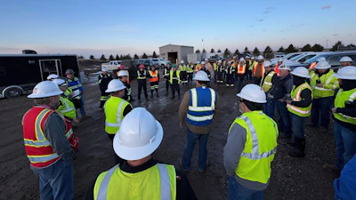 This photo provided by South Bow shows workers gathered to respond to the Keystone oil pipeline spill that occurred Tuesday, April 8, 2025. near Fort Ransom, N.D.