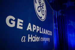 A trailer with the GE logo is seen at a stage area at GE Appliances global headquarters, Aug 13, 2025, in Louisville, Ky.