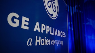 A trailer with the GE logo is seen at a stage area at GE Appliances global headquarters, Aug 13, 2025, in Louisville, Ky.