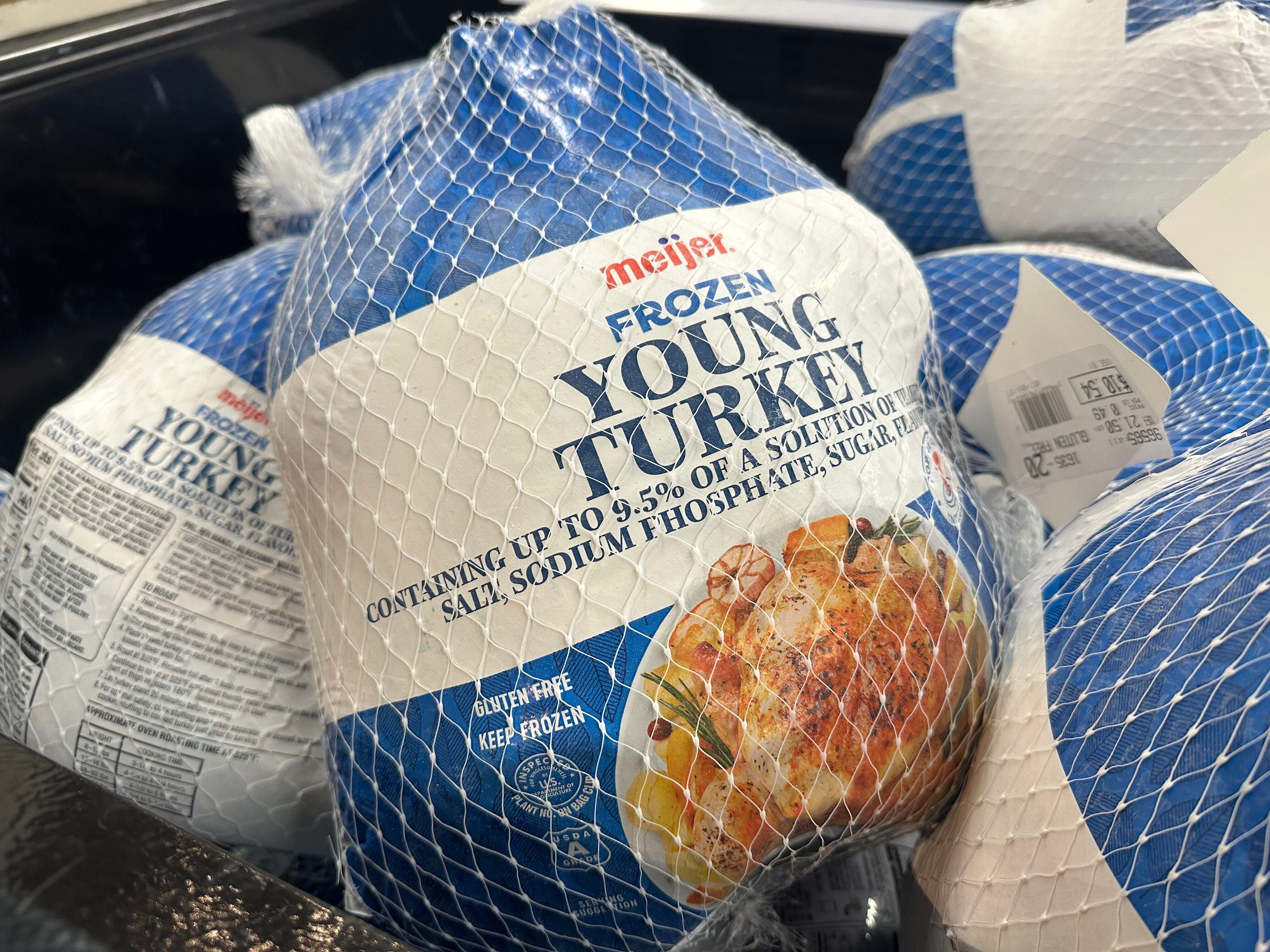 Frozen turkeys on display at a Meijer store, Nov. 21, 2025, Canton Township, Mich.