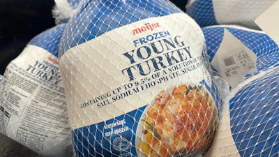 Frozen turkeys on display at a Meijer store, Nov. 21, 2025, Canton Township, Mich.