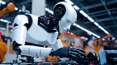 Humanoid robot works along an assembly line.