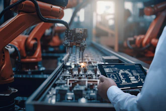 Industrial robotic arms operating on a manufacturing assembly line.