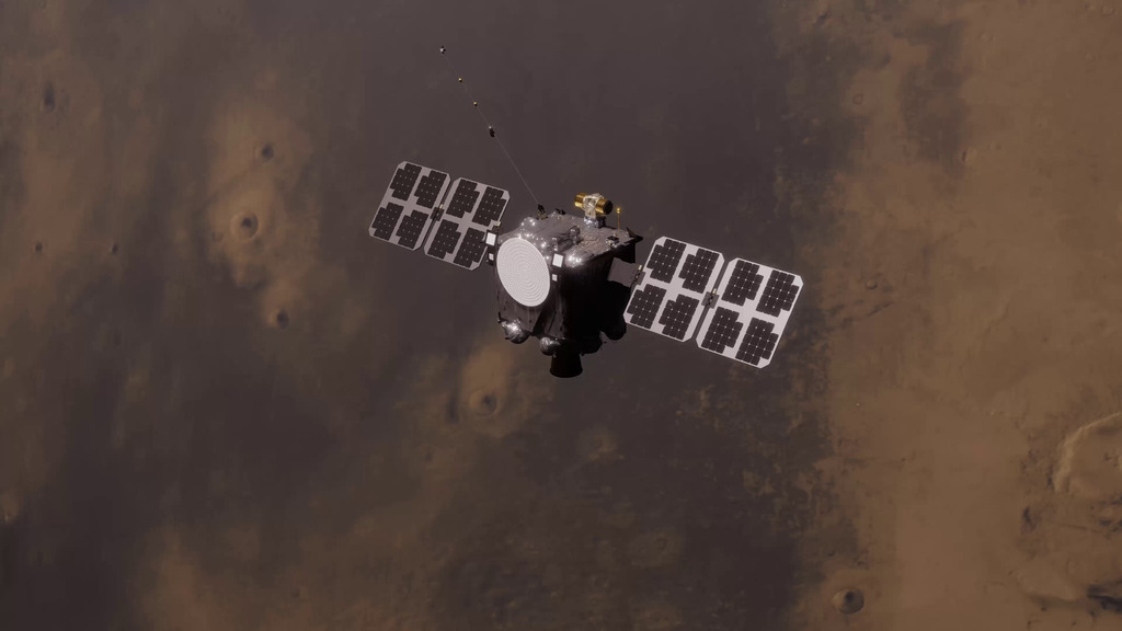 This close-up illustration shows what one of the twin ESCAPADE spacecraft will look like conducting its science operations.