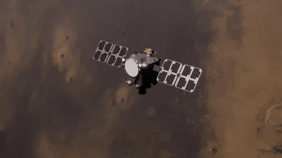 This close-up illustration shows what one of the twin ESCAPADE spacecraft will look like conducting its science operations.