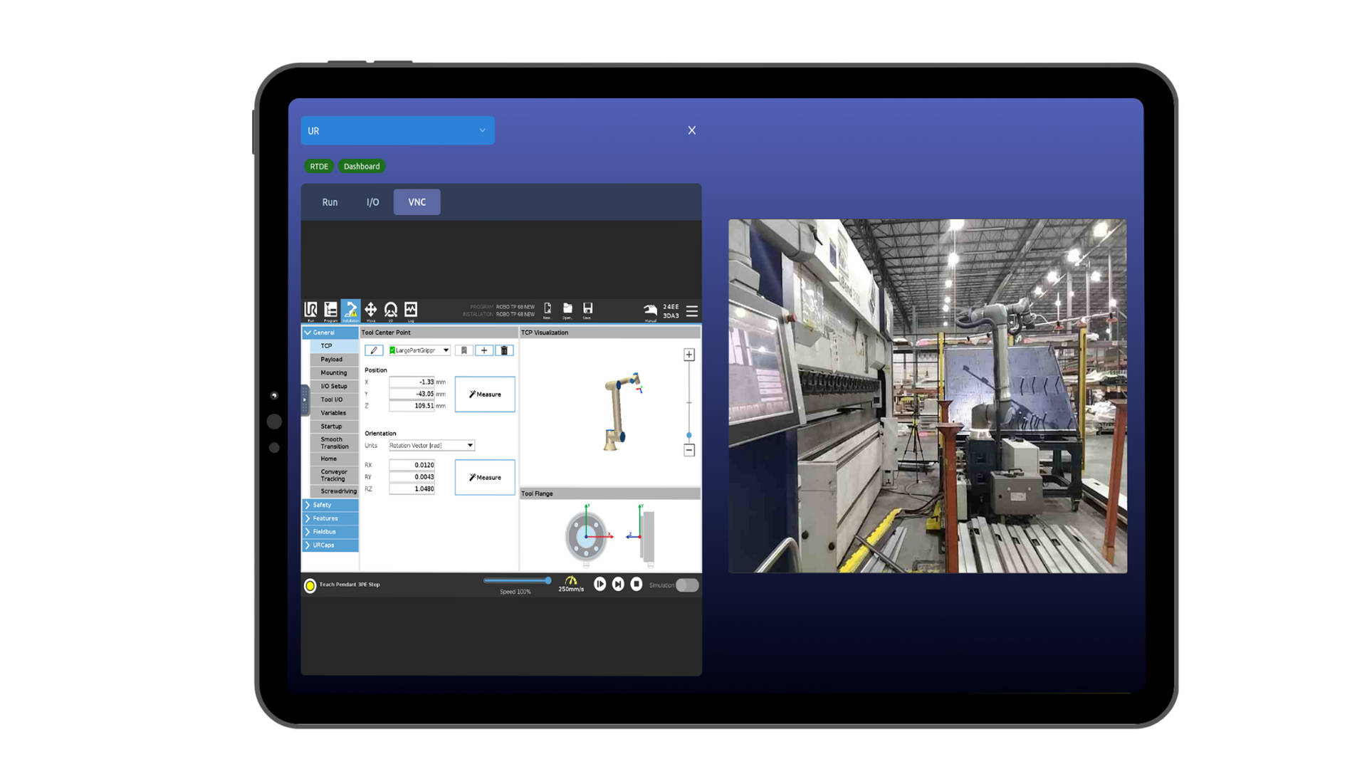 The Olis app enables Mid Atlantic Machinery to access a live video feed of their cells in the field, including system logs and diagnostic data. The integrator can also access the teach pendant of the robot &ndash; here a UR20 from Universal Robots &ndash; to help guide and teach customers.