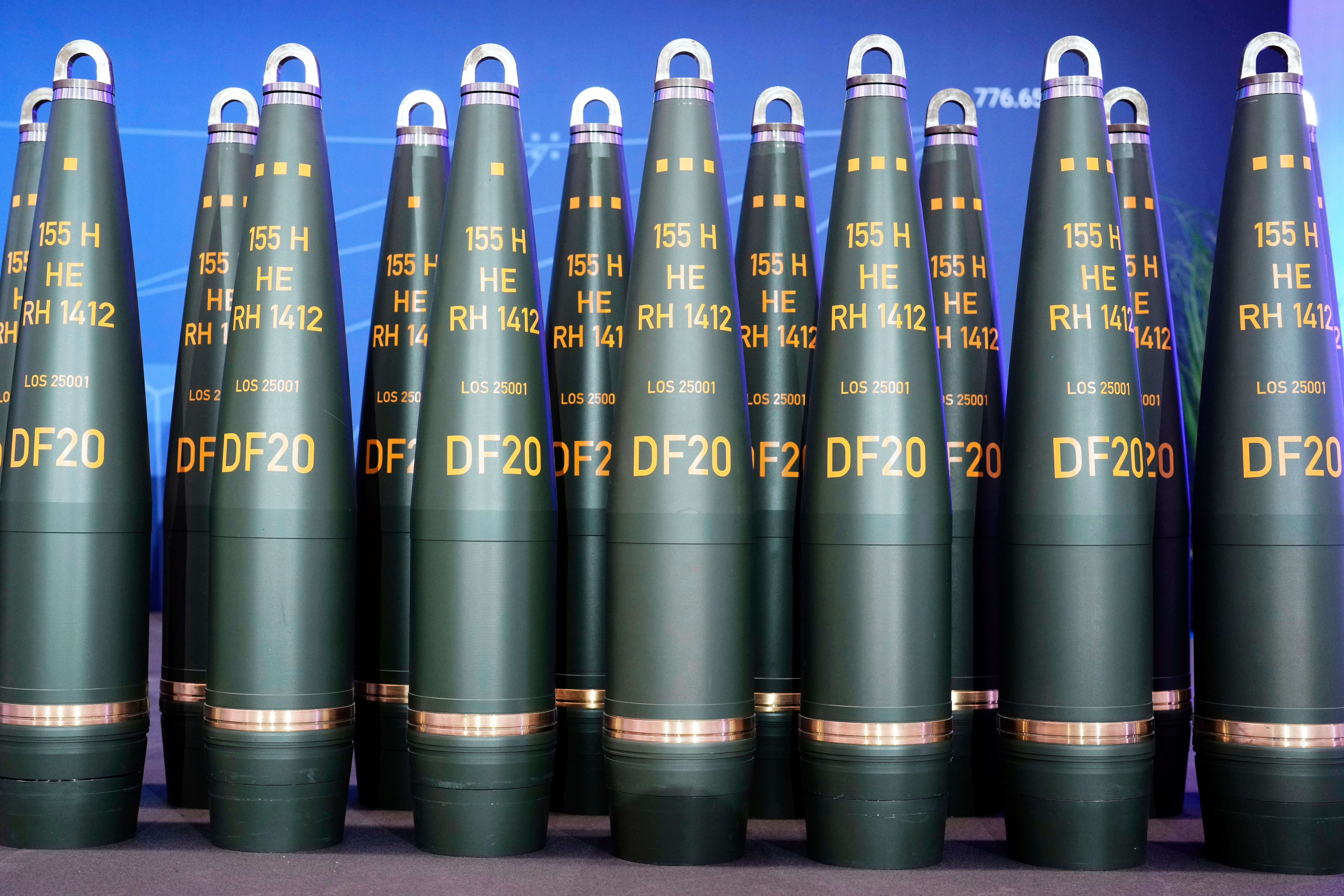 Artillery shells of German arms manufacturer Rheinmetall are displayed in Unterluess, Germany, Wednesday, Aug. 27, 2025.
