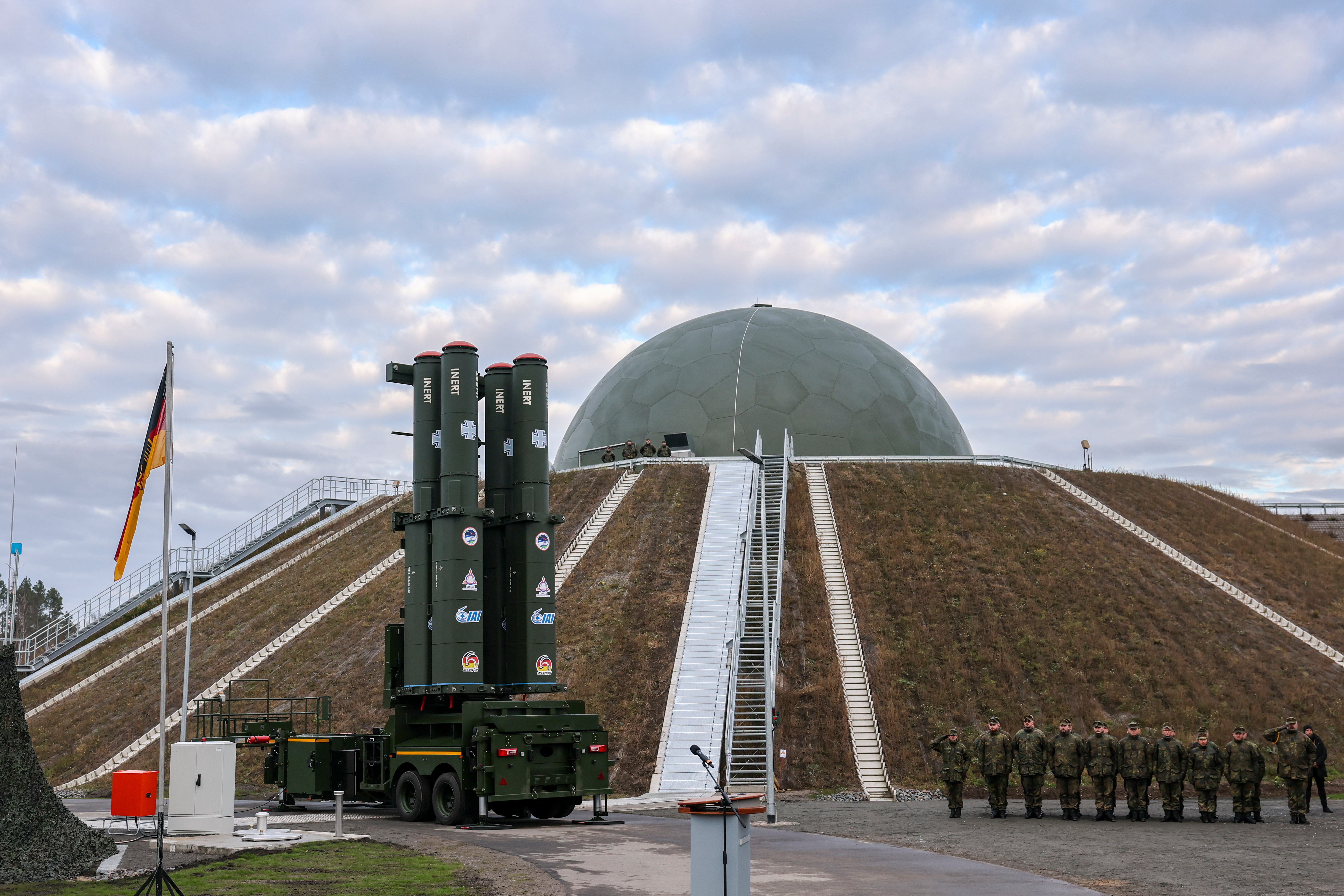 The launcher of the new Arrow 3 missile defense system stands in front of the radome in Annaburger Heide, Germany, Wednesday, Dec. 3, 2025.