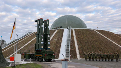 The launcher of the new Arrow 3 missile defense system stands in front of the radome in Annaburger Heide, Germany, Wednesday, Dec. 3, 2025.