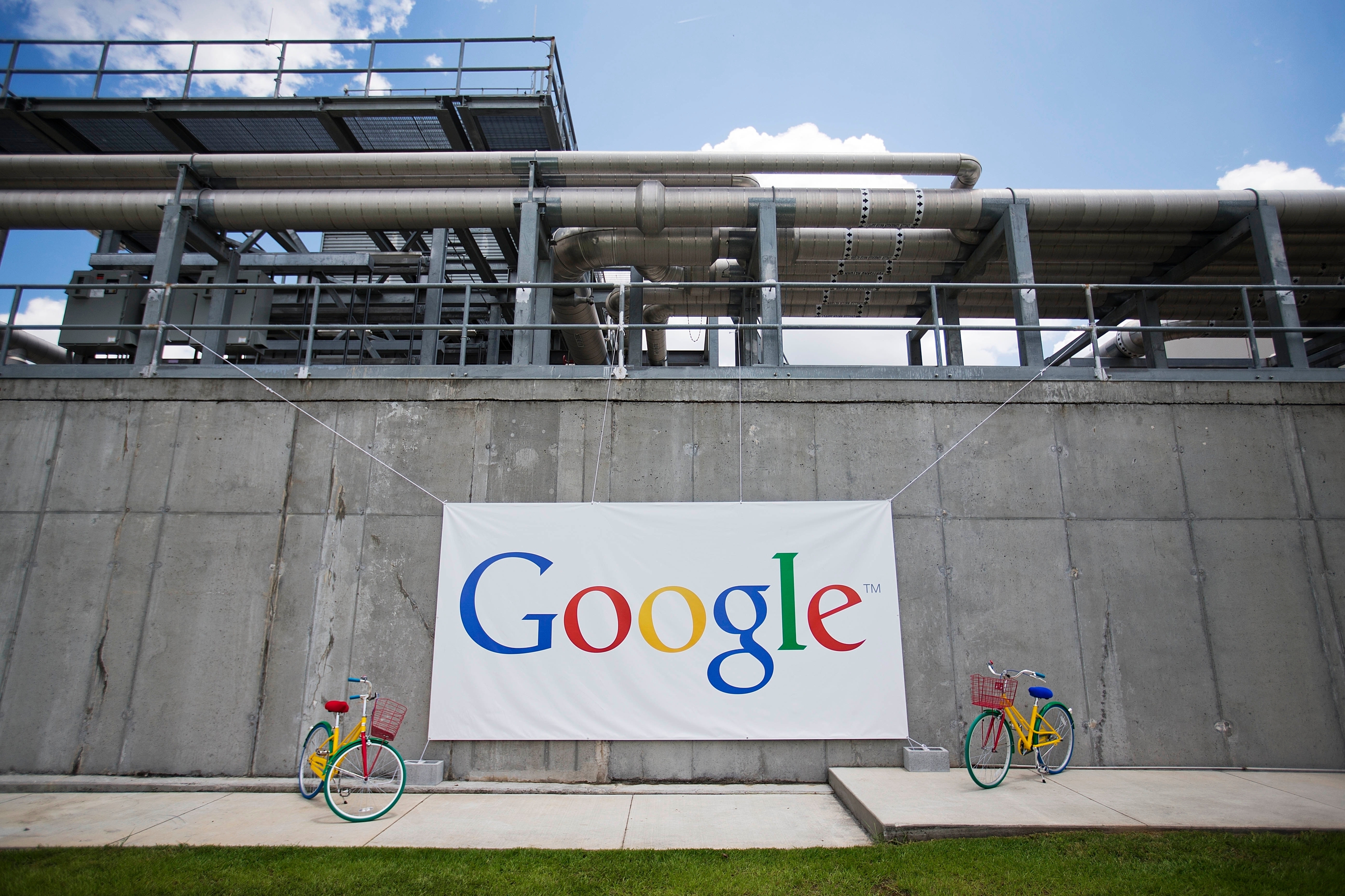 A banner hangs during a ceremony announcing a proposed $300 million expansion of Google's data center operations Tuesday, June 2, 2015, in Lithia Springs, Ga.
