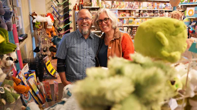Co-owners Dean Smith, left, and Joanne Farrugia pose for a photograph in JaZams, one of their toy stores Friday, June 27, 2025, in Princeton, N.J.