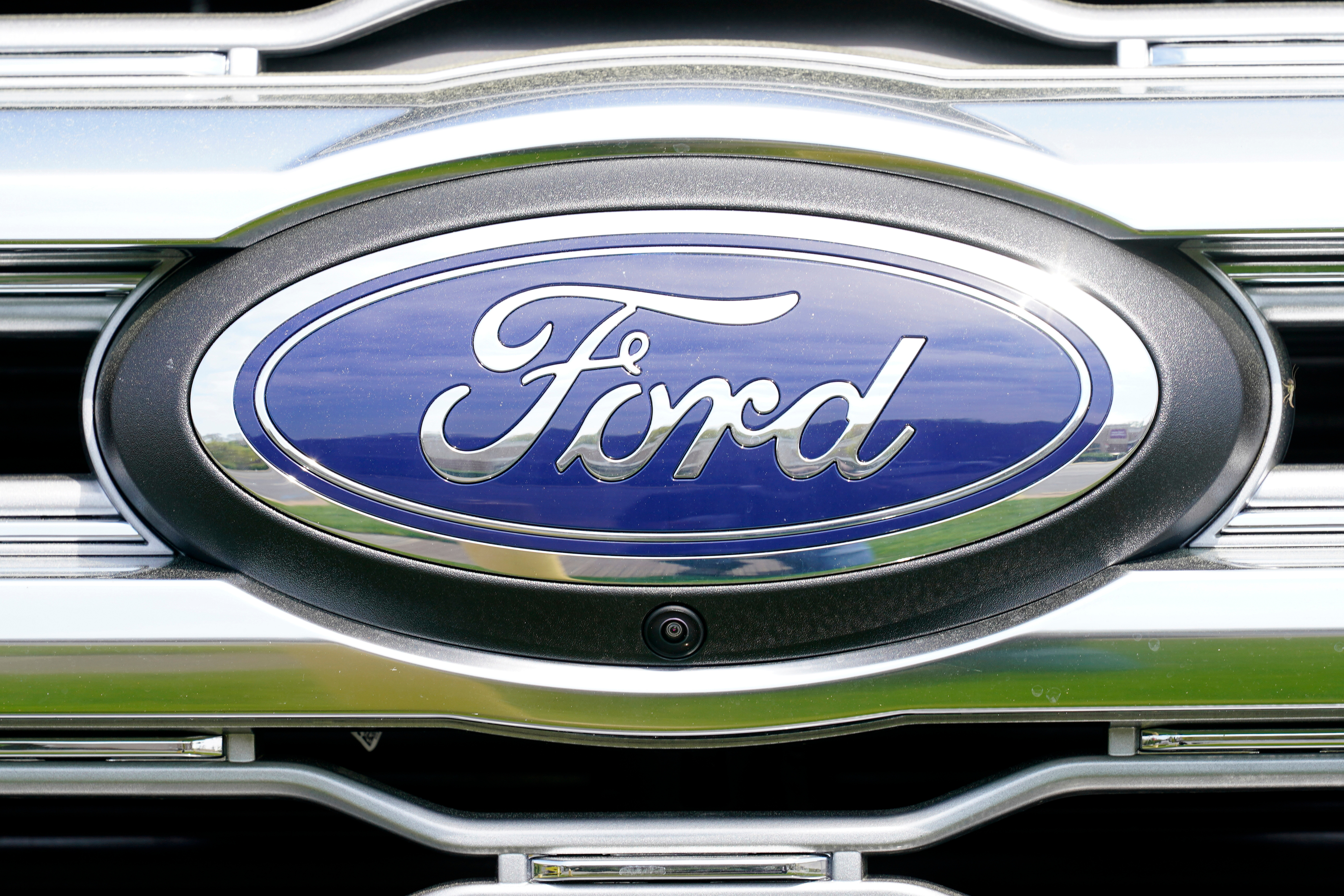 A logo on a vehicle at a Ford dealership in Springfield, Pa., Tuesday, April 26, 2022.