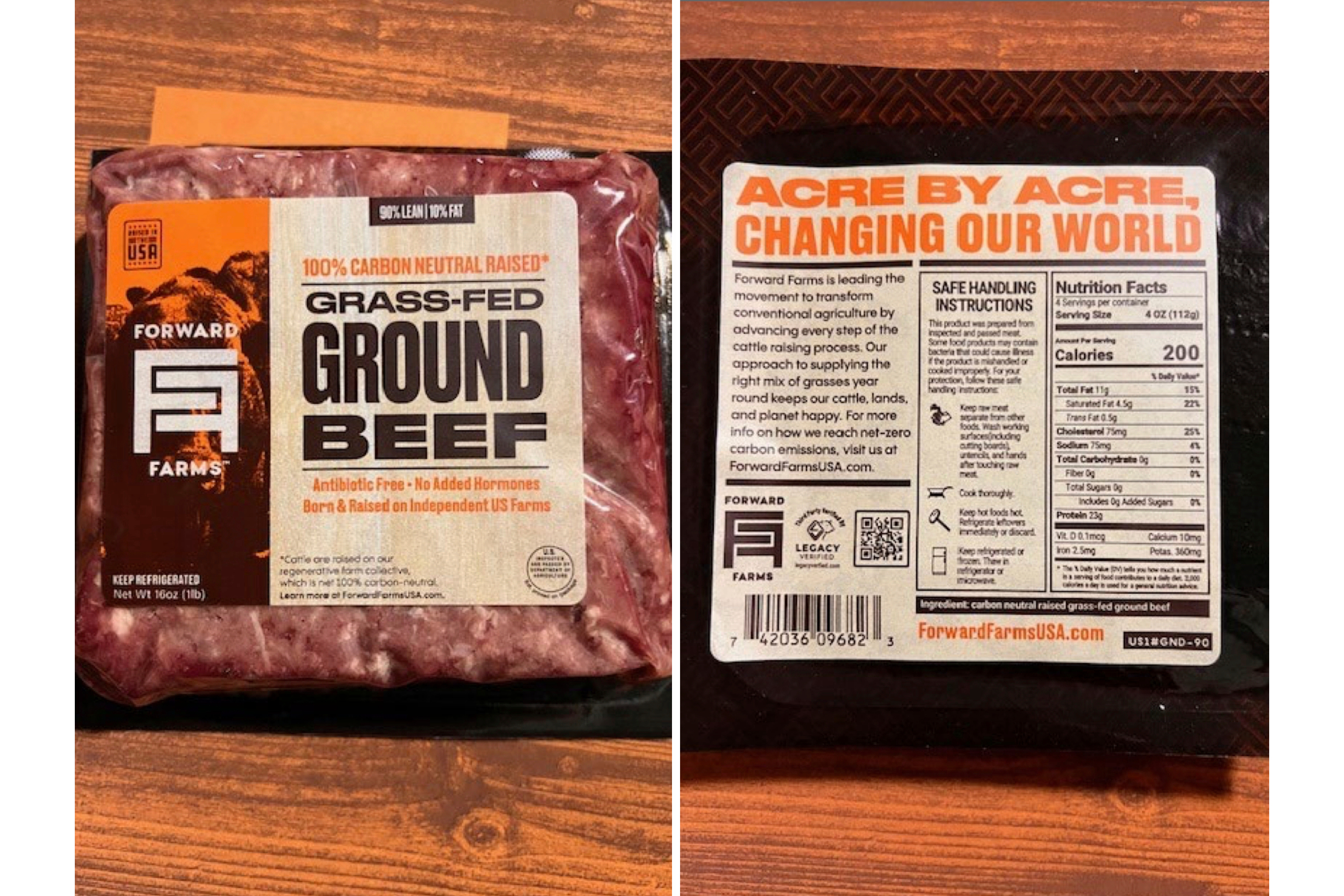 This combination of photos provided by the U.S. Department of Agriculture in December 2025 shows a 16-ounce package of Forward Farms Grass-Fed Ground Beef produced by Mountain West Food Group.