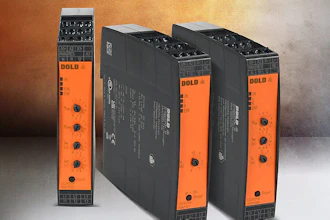 Three black and orange Dold industrial control modules on gradient background
