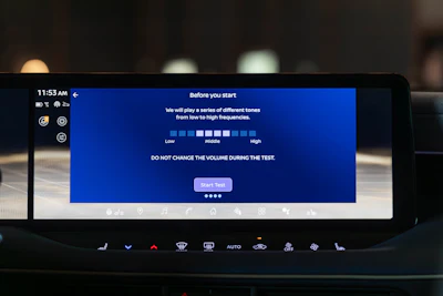 Personalized Sound guides drivers through a hearing test by playing tones of varying loudness and pitch. The driver responds with how well they can hear each sound by tapping on the infotainment screen.