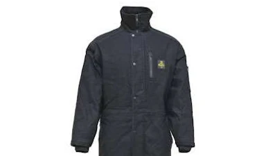 Dark gray insulated winter coverall with small emblem on chest