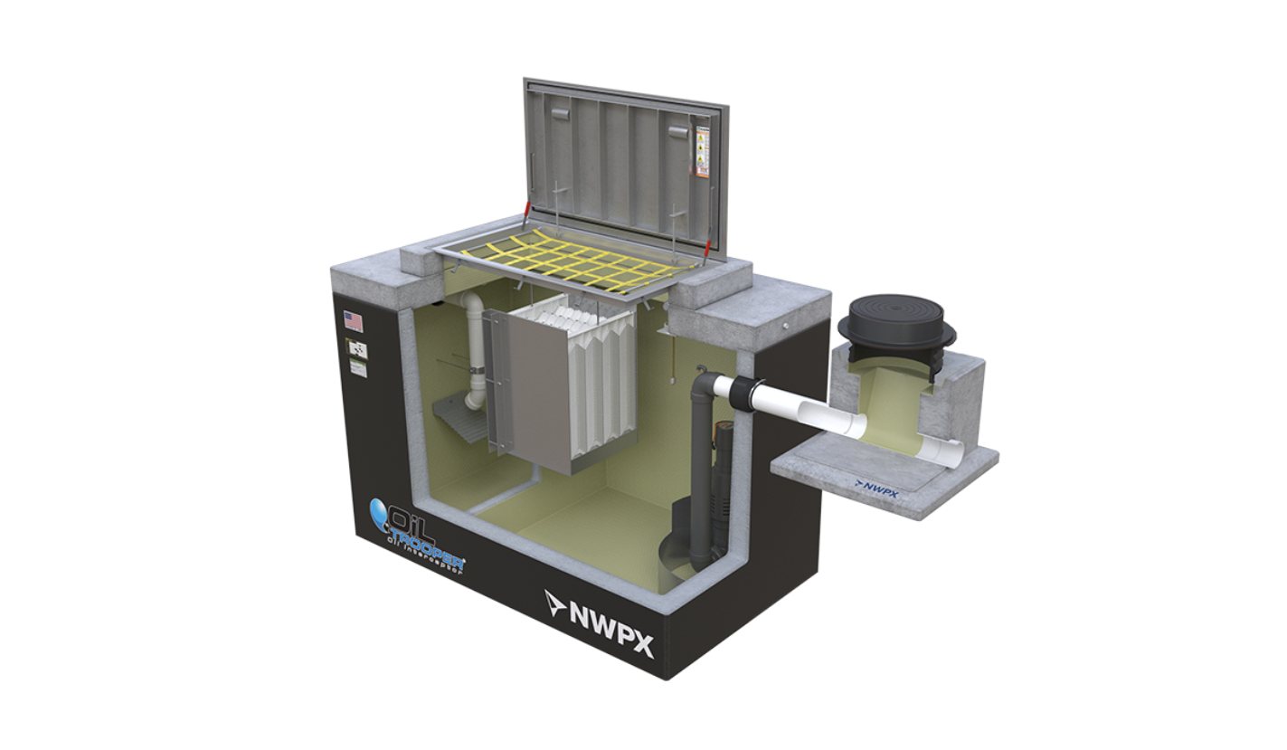 Technical 3D rendering of industrial water filtration system with multiple components