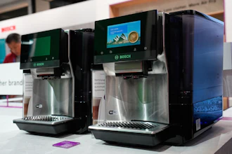 A couple of Bosch 800 Series fully automatic espresso machines are seen on display at the Bosch booth during the CES tech show Wednesday, Jan. 7, 2026, in Las Vegas.