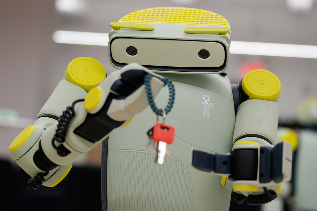 While being operated remotely, Fauna Robotics' new robot named Sprout shows off its dexterity in New York, Wednesday, Jan. 14, 2026.