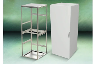 Metal shelving rack frame and white storage cabinet against green gradient background