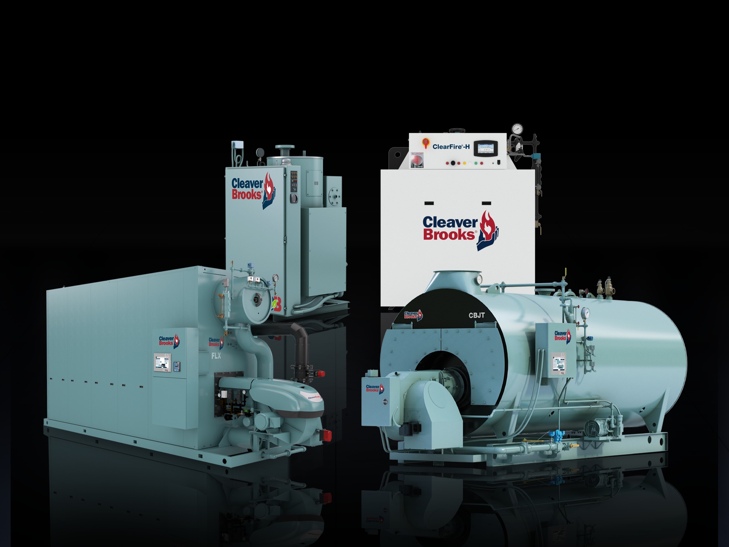 Two large industrial Cleaver Brooks boilers in blue-gray color against black background