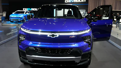The 2024 Chevrolet Silverado EV sits on display at the Chicago Auto Show, Thursday, Feb. 9, 2023, in Chicago.
