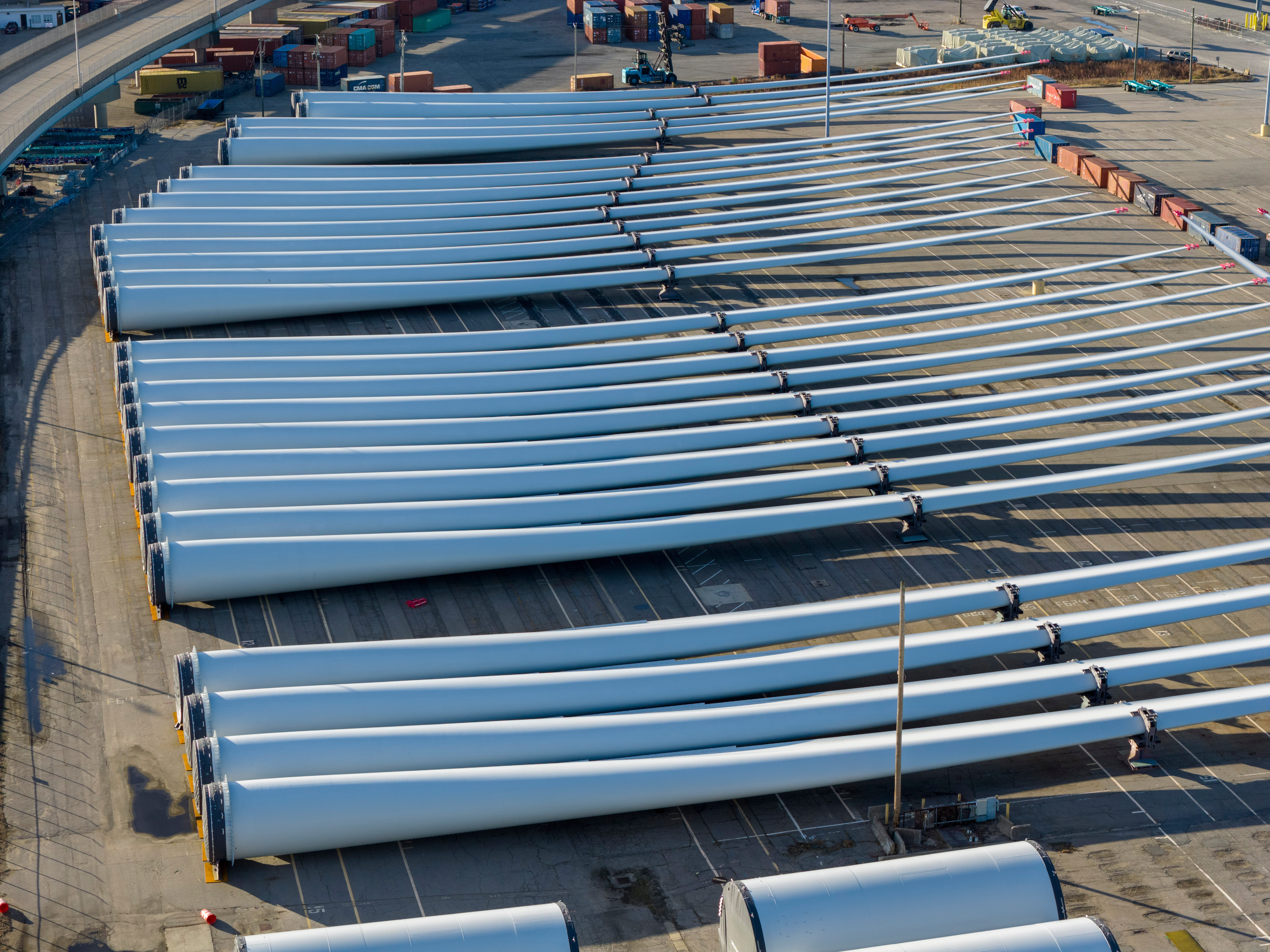 Wind turbine blades sit at The Portsmouth Marine terminal that is the staging area for Dominion Energy Virginia, which is developing Coastal Virginia Offshore Wind, Dec. 22, 2025, in Portsmouth, Va.