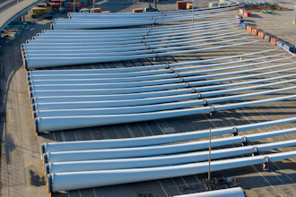 Wind turbine blades sit at The Portsmouth Marine terminal that is the staging area for Dominion Energy Virginia, which is developing Coastal Virginia Offshore Wind, Dec. 22, 2025, in Portsmouth, Va.