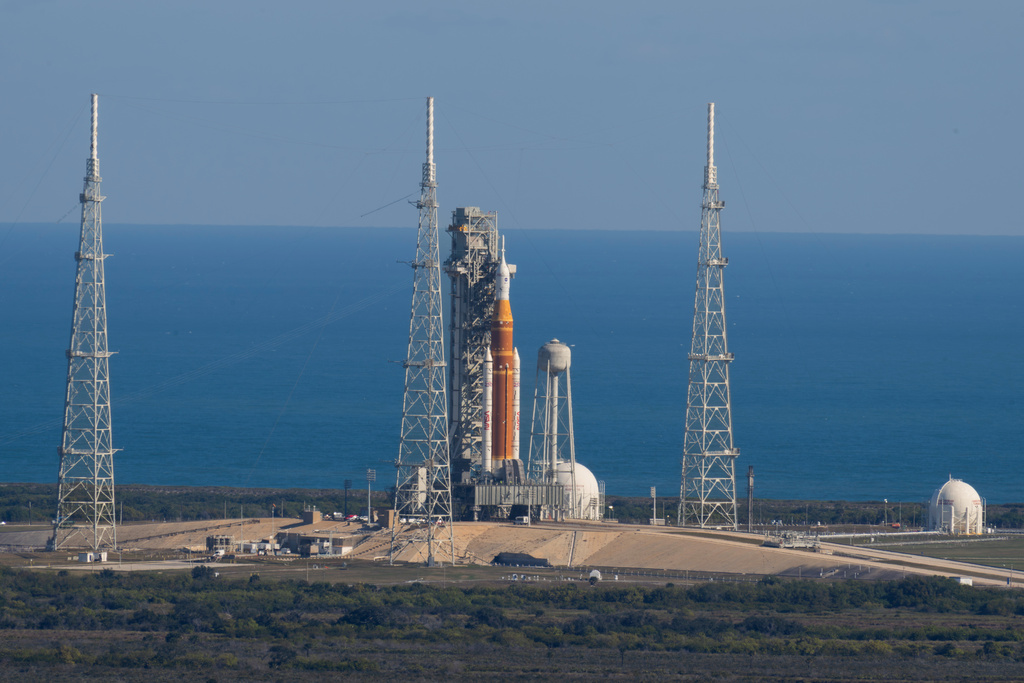 This photo provided by NASA shows the Artemis II SLS (Space Launch System) rocket with the Orion spacecraft atop a mobile launcher at Launch Complex 39B, Thursday, Jan. 29, 2026, at NASA's Kennedy Space Center in Florida.